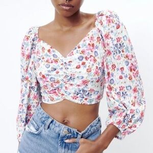 Zara Linen Blend Floral Tie Back Top